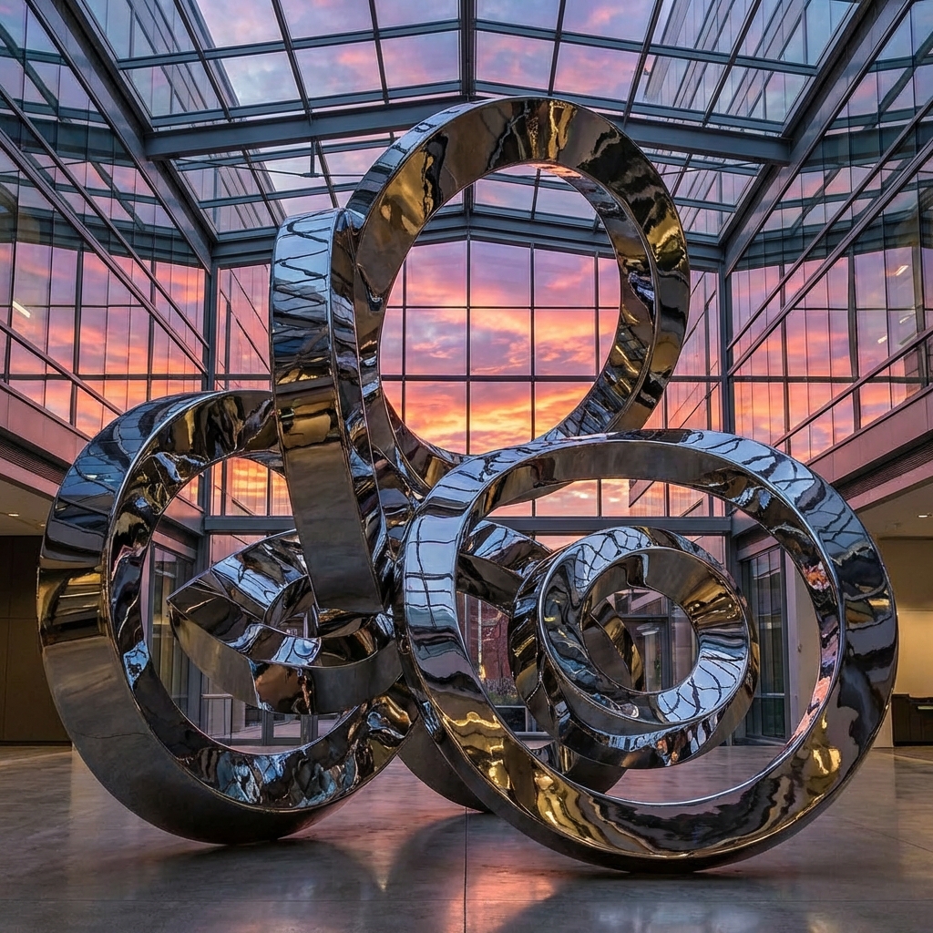 A polished chrome contemporary sculpture reflecting a sunset through a glass ceiling, intricate details, high gloss finish.